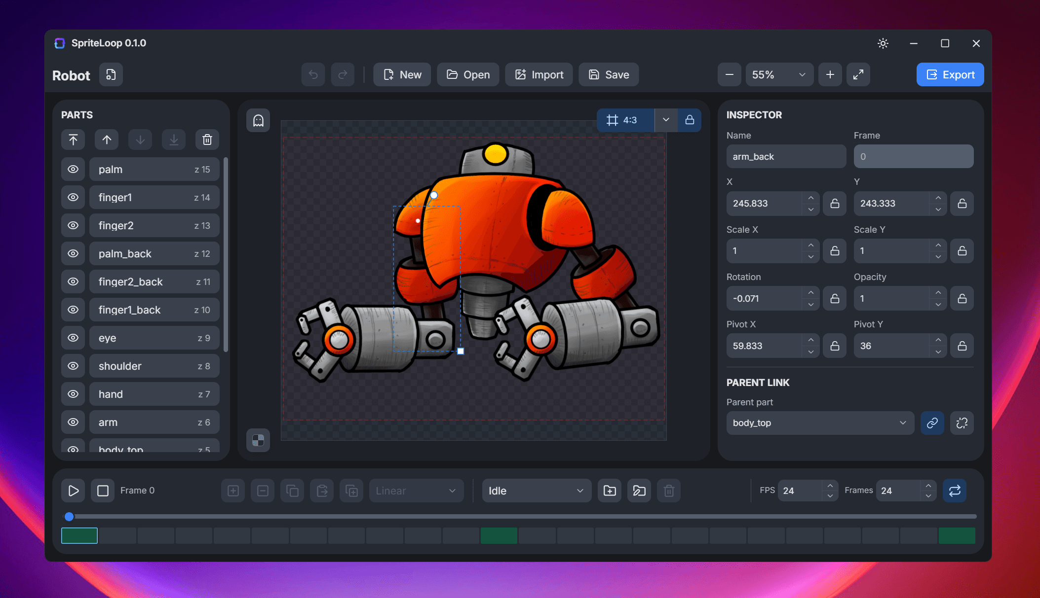 A character rig open in the SpriteLoop editor