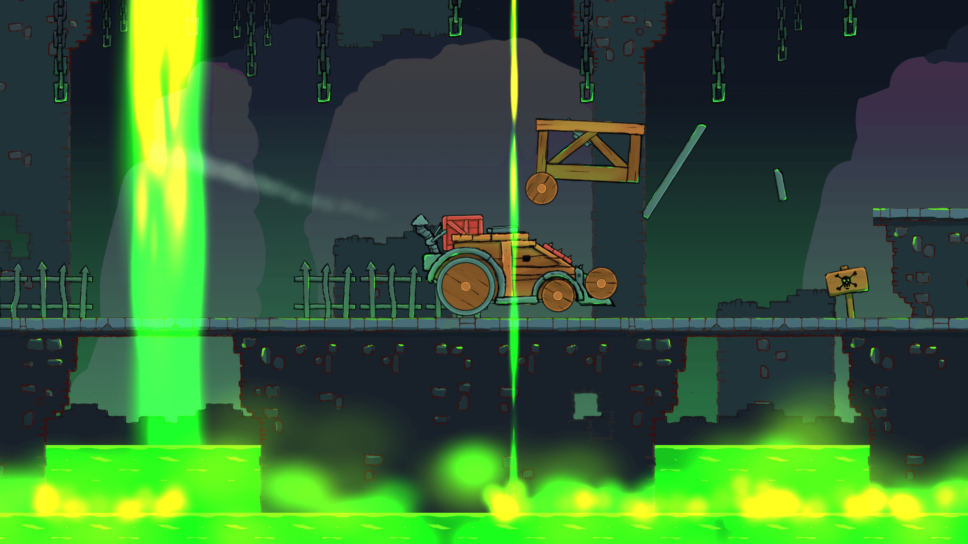 Wooden Wagon driving through glowing underground ruins